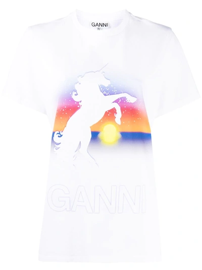 Shop Ganni Unicorn Print T-shirt In White