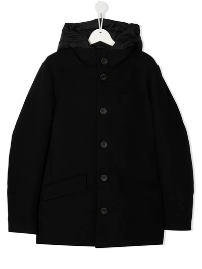 Shop Herno Teen Button-up Hooded Coat In Black