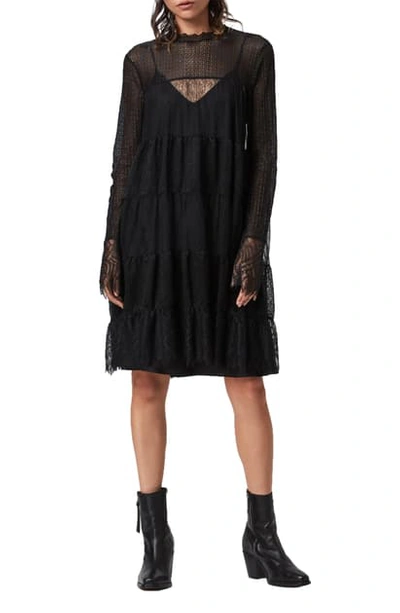 Shop Allsaints Briella Lace Long Sleeve Dress In Black