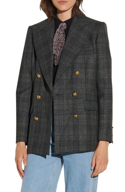 Shop Sandro Plaid Double Breasted Blazer In Anthracite