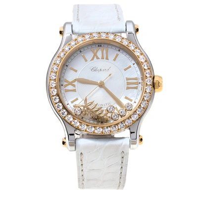 Pre-owned Chopard Mother Of Pearl 18k Yellow Gold Stainless Steel Leather Diamond Limited Edition Happy Palm 8578 Wome