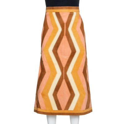 Pre-owned Valentino Peach Suede Patchwork Midi Skirt S In Pink