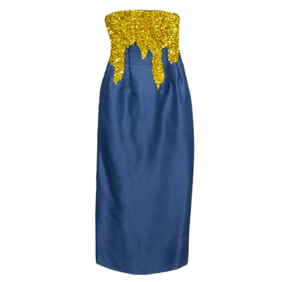 Pre-owned Oscar De La Renta Midnight Blue Silk Sequin Embellished Strapless Gown S In Navy Blue