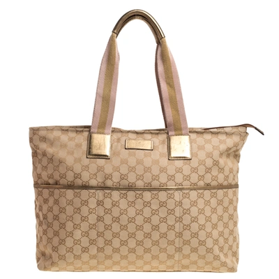 Pre-owned Gucci Beige/gold Gg Canvas And Leather Diaper Tote