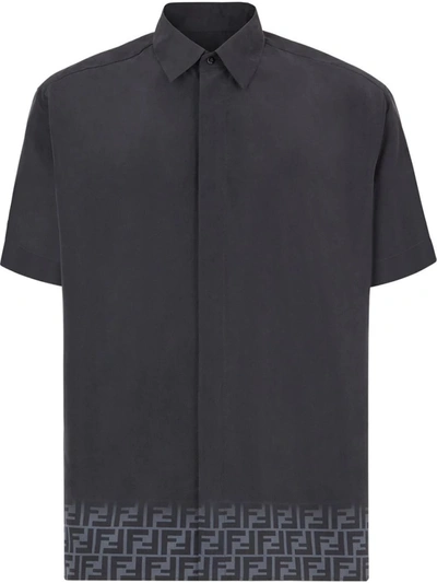 Shop Fendi Black Gradient Logo Trim Silk Shirt