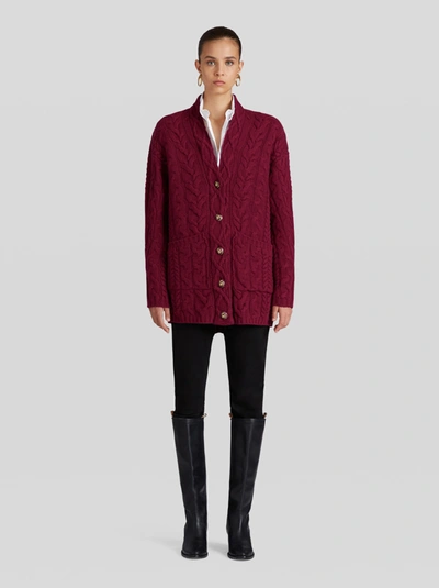 Shop Etro Cable Knit Jacket In Burgundy