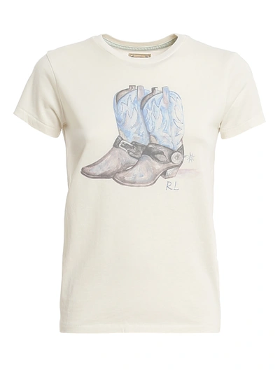 Shop Polo Ralph Lauren Cowboy Boots Print Cotton T-shirt In Cream