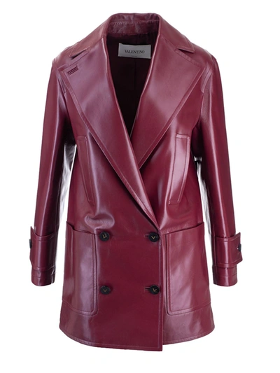 Shop Valentino Double-breasted Leather Coat In Red