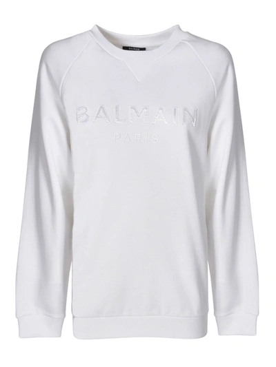 Shop Balmain Sweatshirt With Satin Logo In White