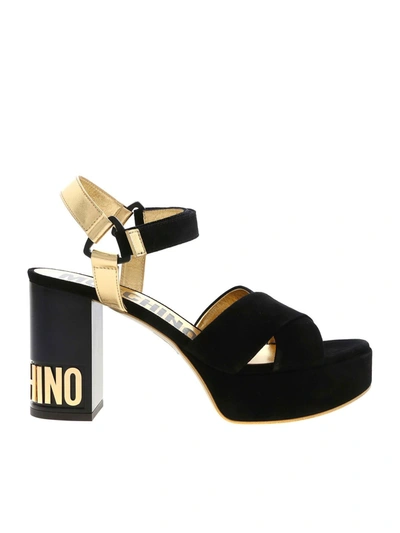 Shop Moschino Branded Heel Sandals In Black And Gold