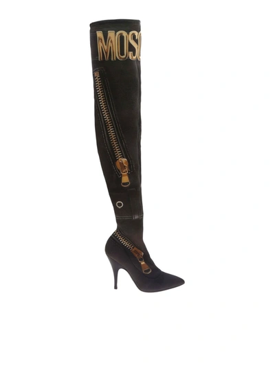 Shop Moschino Over-the-knee Macro Biker Boots In Multicolour