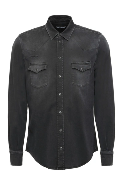 Shop Dolce & Gabbana Long Sleeve Denim Shirt In Black
