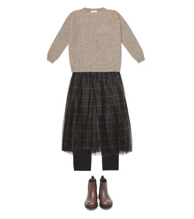Shop Brunello Cucinelli Checked Tulle Skirt And Leggings In Grey