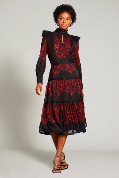 Shop Tadashi Shoji Azra Paisley-print Ruffle Dress In Red Rock/black