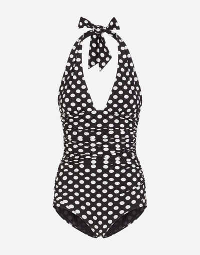Shop Dolce & Gabbana Polka-dot Print One-piece Swimsuit With Plunging Neckline