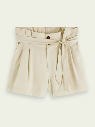 Shop Scotch & Soda Drapey Mid-rise Belted Paper Bag Shorts In Beige