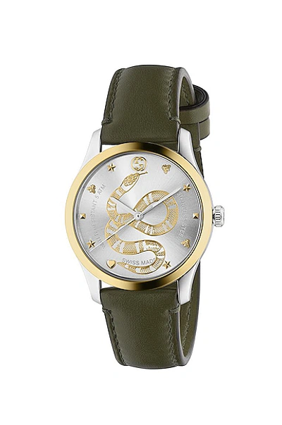 Shop Gucci Kingsnake Motif Leather 38mm Watch In Steel & Yellow Gold