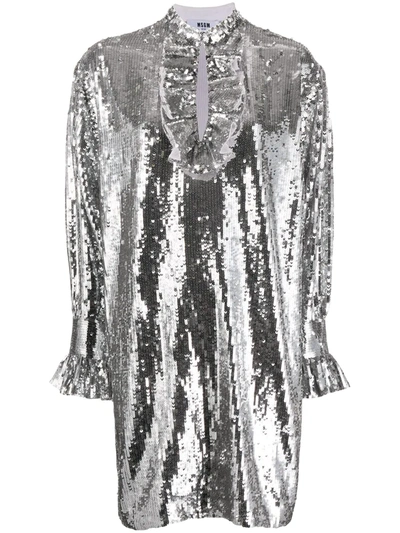 Shop Msgm Sequin-embellished Ruffle-detail Dress In Silver
