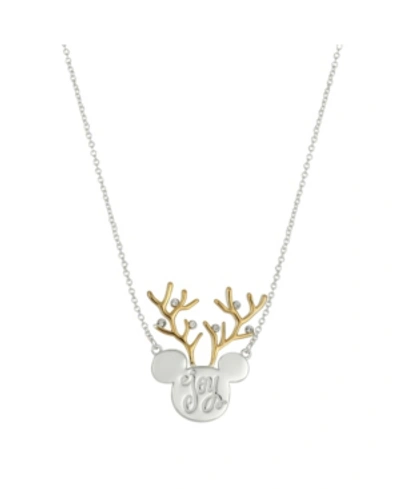 Shop Disney Two-tone Mickey Mouse "joy" Reindeer Pendant Necklace In Silver Plate In Two Tone