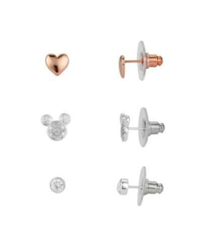 Shop Disney Two-tone Mickey Mouse Earring Set With Rose Gold-tone Heart And Bezel Cubic Zirconia Stud Earring In In Rose Gold Two Tone