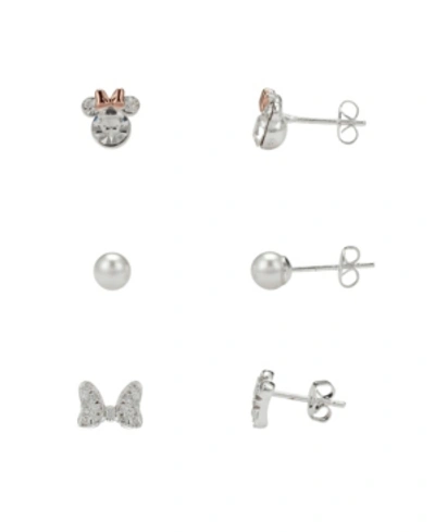 Shop Disney Two-tone Cubic Zirconia Minnie Mouse Earring Set With Imitation Pearl And Bow, Three Pair, In Silver In Rose Gold Two Tone