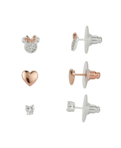 Shop Disney Two-tone Minnie Mouse Earring Set With Heart And Bezel Cubic Zirconia Stud Earrings, Three Pair In Rose Gold Two Tone