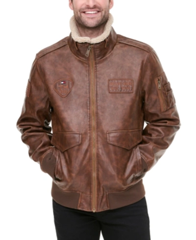 Shop Tommy Hilfiger Men's Top Gun Faux Leather Aviator Bomber Jacket, Created For Macy's In Saddle
