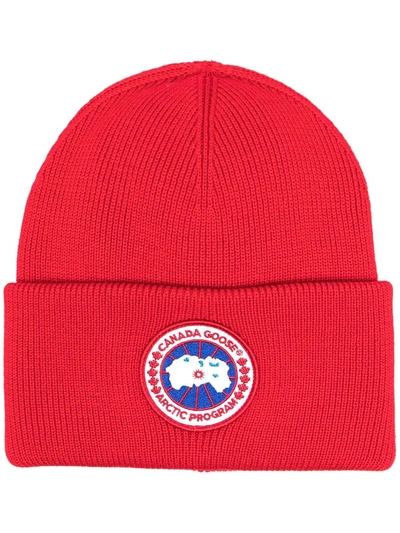 Shop Canada Goose Logo Patch Ribbed Wool Hat In Red