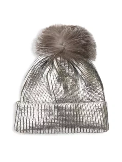 Shop Adrienne Landau Fox Fur Pom-pom Metallic Knit Beanie In Silver