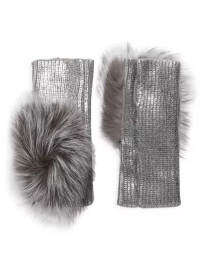 Shop Adrienne Landau Fox Fur Pom-pom Metallic Knit Arm Warmers In Silver