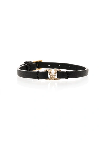 Shop Valentino Bejewelled Vlogo Leather Bracelet In Black