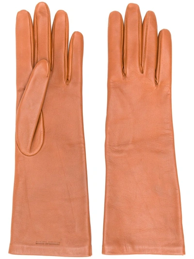 Shop Saint Laurent Debossed-logo Lambskin Gloves In Brown