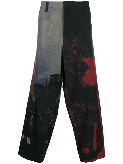 Shop Yohji Yamamoto Wide-leg Abstract Print Trousers In Black