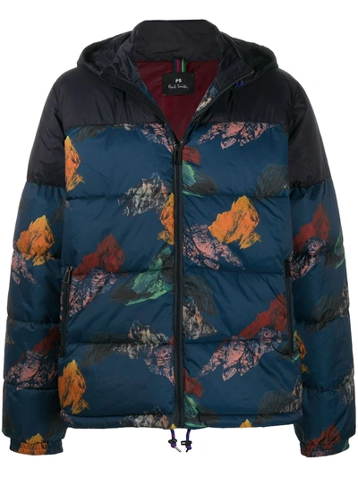 Shop Ps By Paul Smith Printed Hooded Down Jacket In Blue