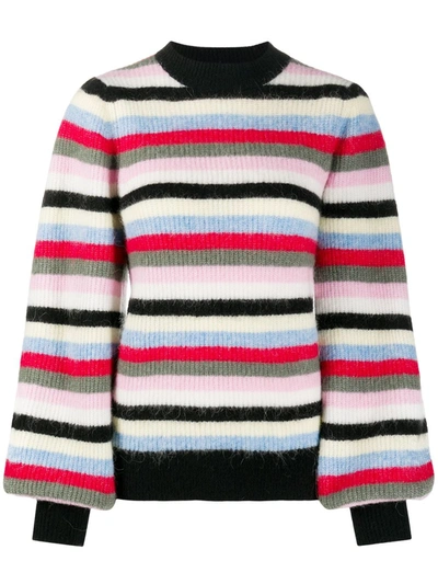 Shop Ganni Striped Balloon-sleeve Jumper In Black