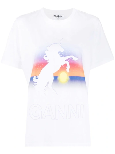 Shop Ganni Unicorn-print T-shirt In White