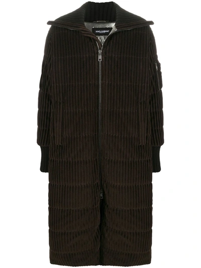 Shop Dolce & Gabbana Corduroy Long Padded Coat In Brown