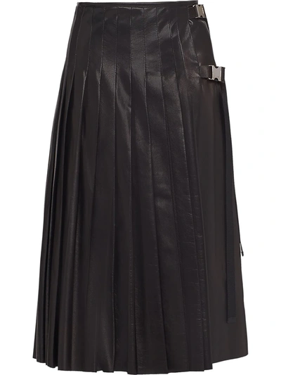 Shop Prada Pleated Leather Midi-skirt In Black