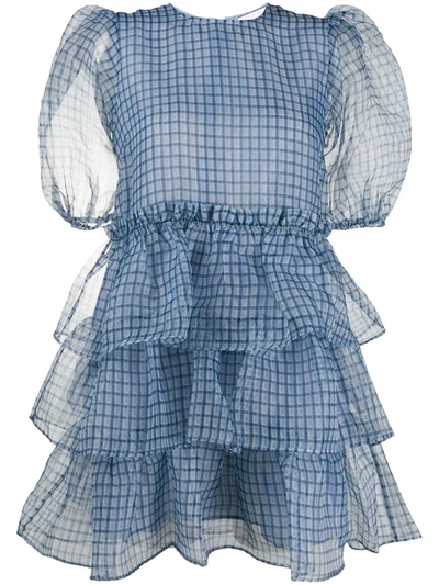 Shop Ganni Puff-sleeves Checked Tier Dress In Blue