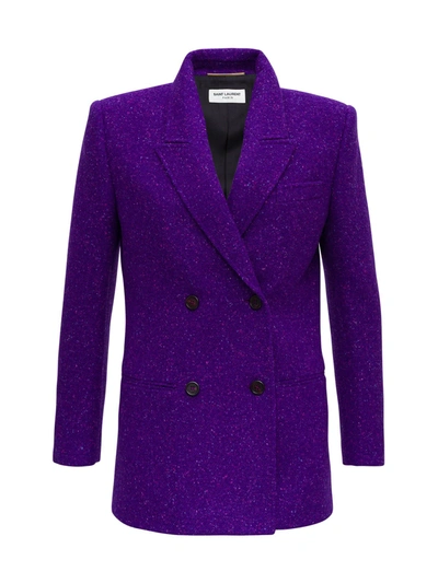 Shop Saint Laurent Tweed Double-breasted Blazer In Violet