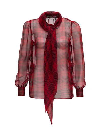 Shop Saint Laurent Check Blouse In Crêpe Chiffon In Red