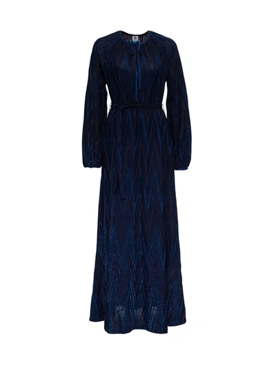 Shop M Missoni Long Dress In Lurex Knit With Chevron Pattern In Blu