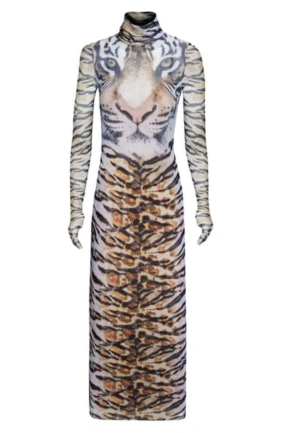 Shop Afrm Shailene Sheer Long Sleeve Dress In Wild Tiger