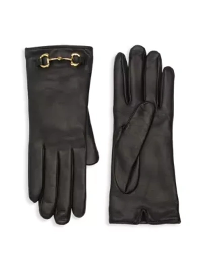 Shop Gucci Leather Gloves With Horsebit In Nero