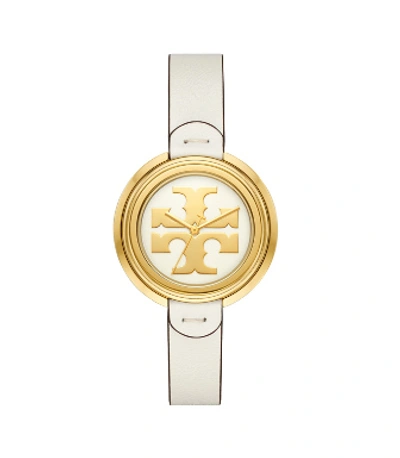 Shop Tory Burch Miller Watch, Ivory Leather/gold-tone, 36 Mm In Ivory/gold