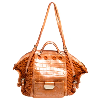 Pre-owned Versace Orange Croc Embossed Leather Grommet Shoulder Bag