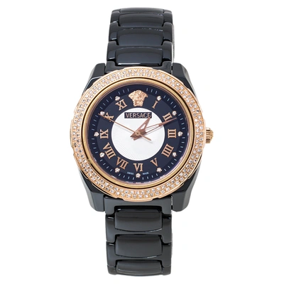 Pre-owned Versace Black Ceramic Rose Gold Stainless Steel Diamonds Dv One Glamour 63q Women's Wristwatch 34 Mm