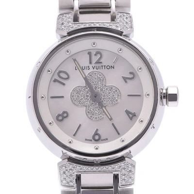 Pre-owned Louis Vuitton Silver Diamonds Stainless Steel Tambour Forever Center Q121p Quartz Women's Wristwatch 28 Mm