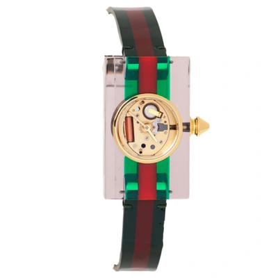 Pre-owned Gucci Skeleton Plexiglass Gold Plated Stainless Steel And Leather 143.5 Women's Wristwatch 24 Mm In Green