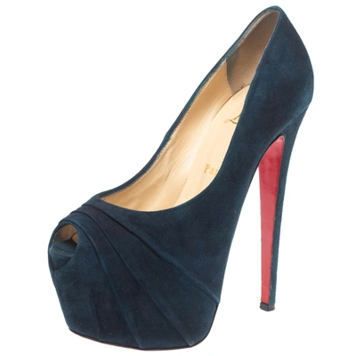 Pre-owned Christian Louboutin Blue Suede Ruched Drapesse Peep Toe Platform Pumps Size 37.5